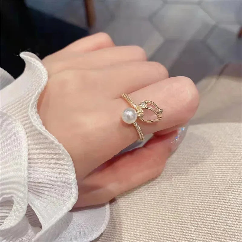 luckacco korean trend tulip flower imitation pearl rings for women elegant simple adjustable opening finger ring party wedding jewelry