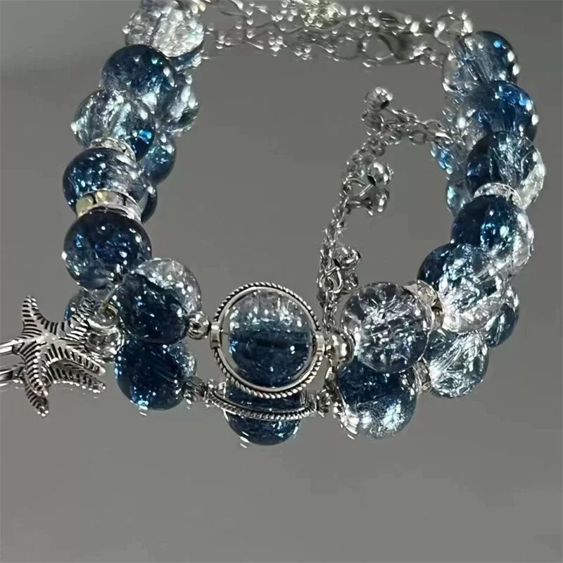 luckacco niche design starfish chain tassel bracelet for women fantasy gradient blue crystal beads elastic rope bracelet student jewelry