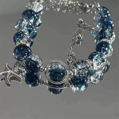 Luckacco Niche Design Starfish Chain Tassel Bracelet for Women Fantasy Gradient Blue Crystal Beads Elastic Rope Bracelet Student Jewelry