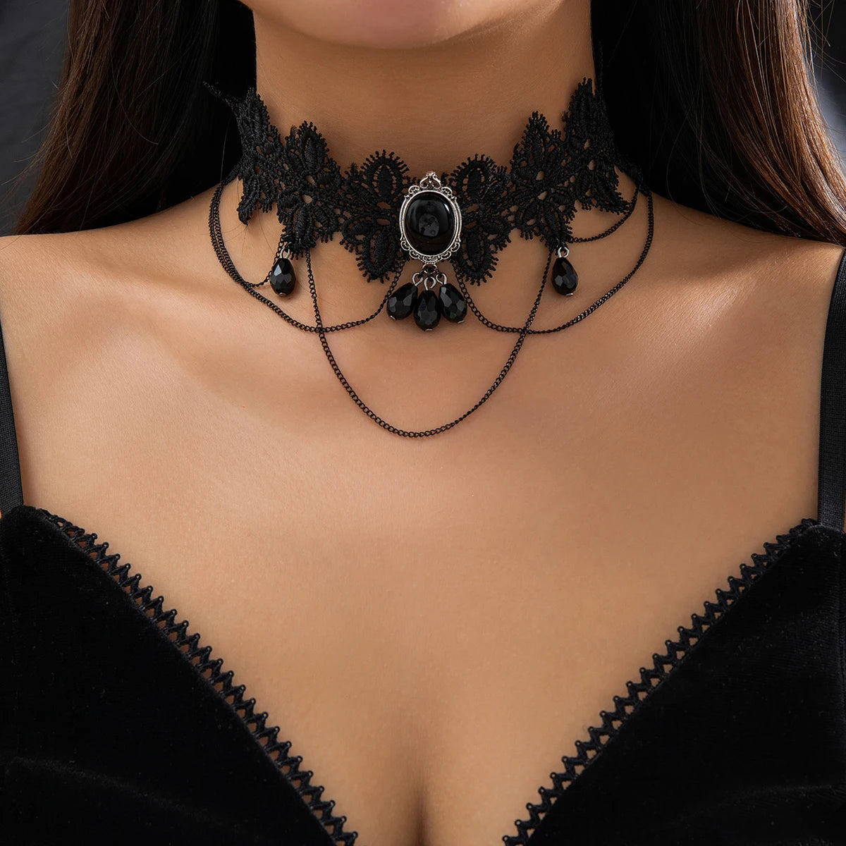 luckacco lacteo gothic black lace rope chain necklace crystal beads geometric charm chokers collar girls women party y2k jewelry new