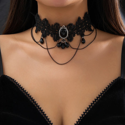 Luckacco Lacteo Gothic Black Lace Rope Chain Necklace Crystal Beads Geometric Charm Chokers Collar Girls Women Party Y2K Jewelry New