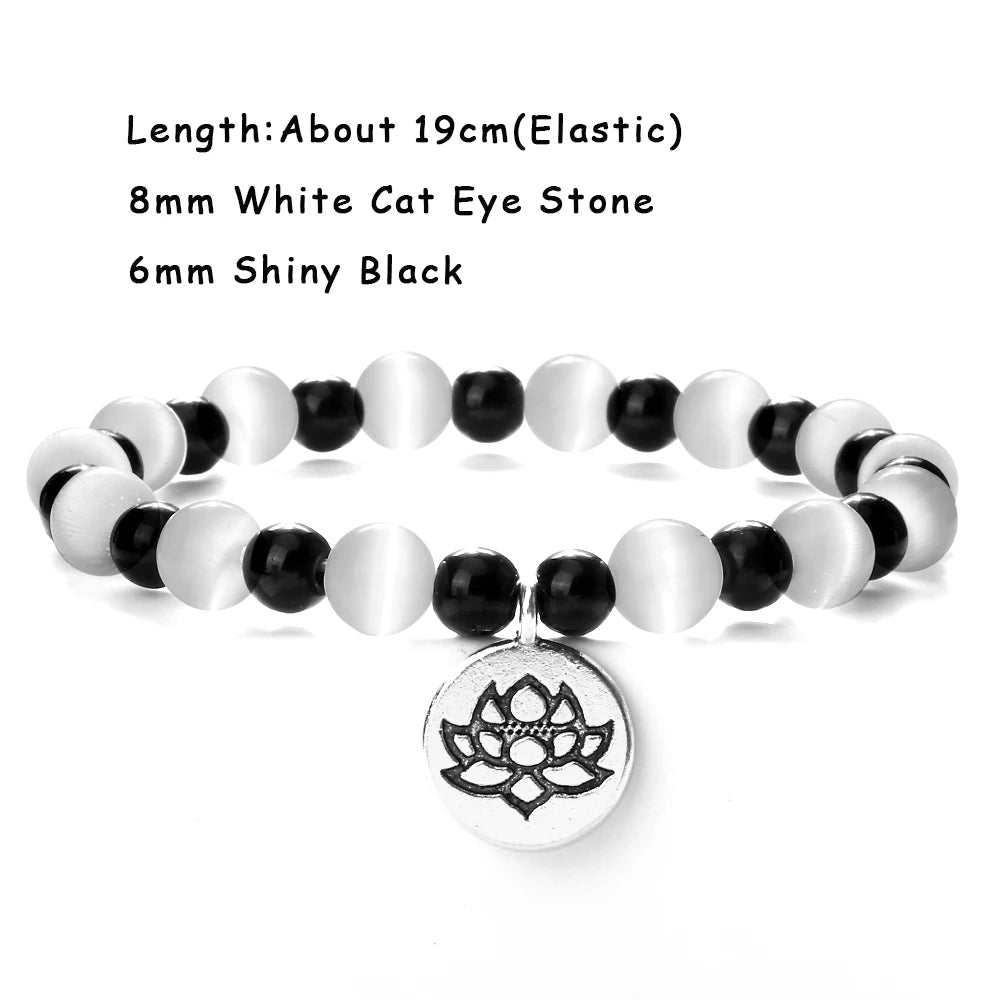 luckacco natural cat eye stone bracelet & bangle for women brief white pink opal beads yoga balance jewelry lucky wristband handmade gift