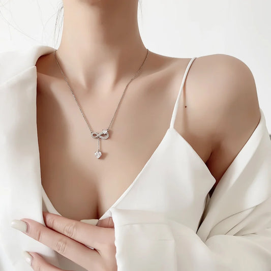 Luckacco 925 Sterling Silver Necklace Tassel Heart Pendant Sparkling Zircon Women's Necklace Birthday Party Gift Jewelry Accessories