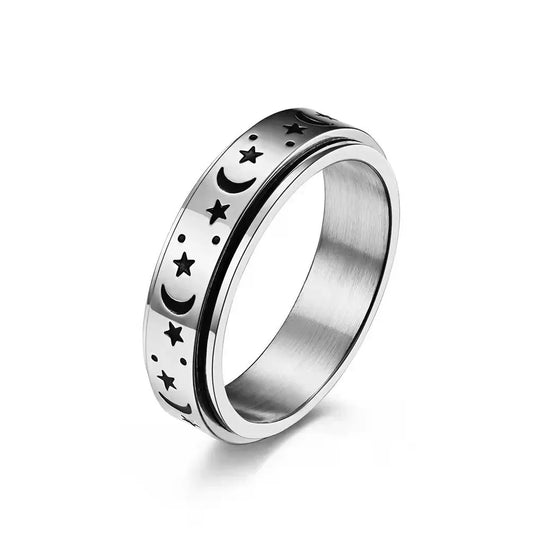 Luckacco Vintage Stainless Steel Sun Moon Star Rotating Spinning Wedding Promise Anniversary Statement Band Ring Jewelry
