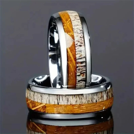 Luckacco Fashion 8mm Men Stainless Steel Rings Silver Color Brushed Deer Antler And Koa Wood Rings for Men Wedding Band Jewelry
