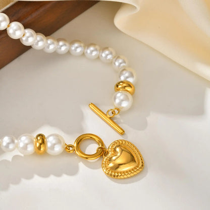 Luckacco High Quality Imitation Pearl Beaded Necklace, Stainless Steel OT Buckle Heart Pendant Choker, Luxury Statement Jewelry for Women