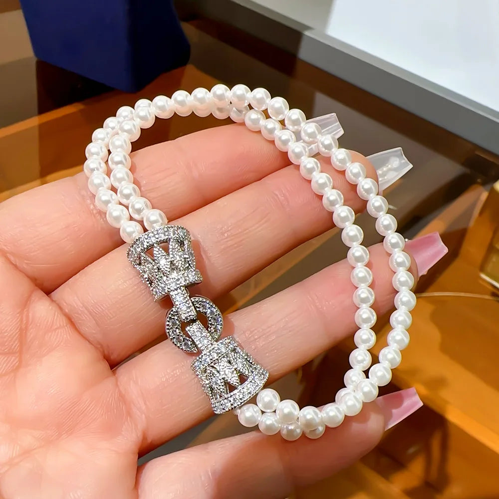 luckacco suyu women's light luxury design elegant imitation pearl necklace versatile unique design bracelet fashion sweater chain