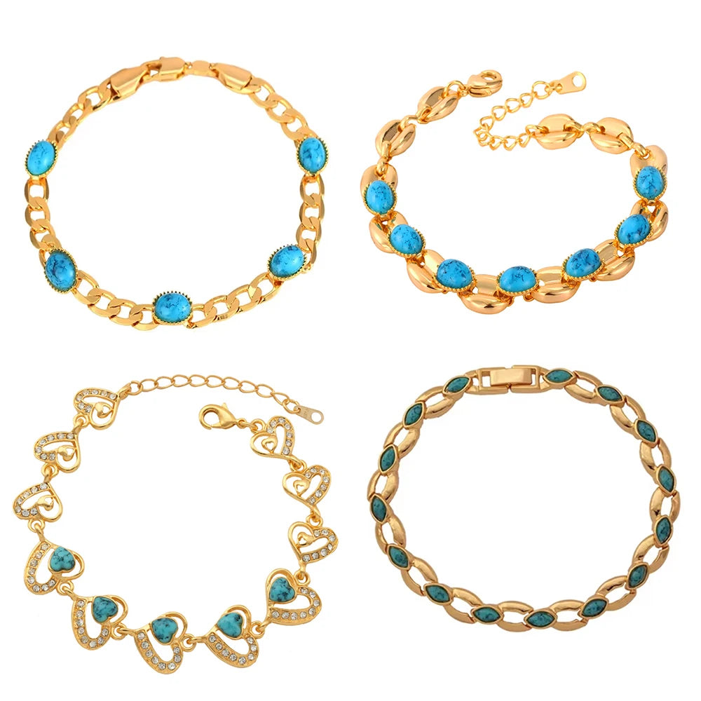 luckacco u7 gold color oval horse eyes round blue turquoise stone beaded chain bracelets for women boho jewelry gift for her qc