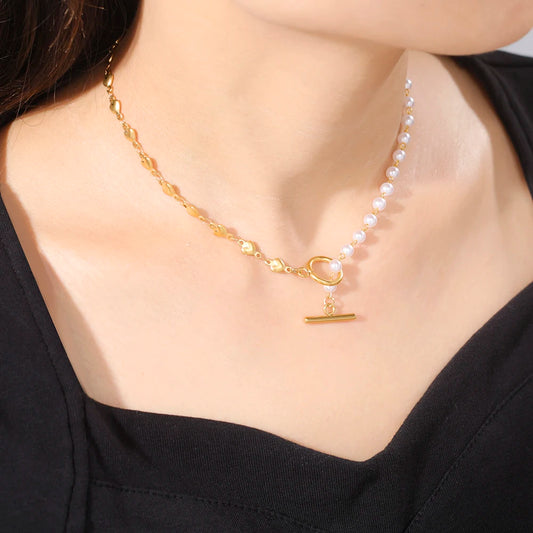 Luckacco Unift Paperclip OT Buckle Pearl Necklace Choker Half Pearl Half Chain Gold Plated Necklace Fashion Boho Wedding Jewelry Women