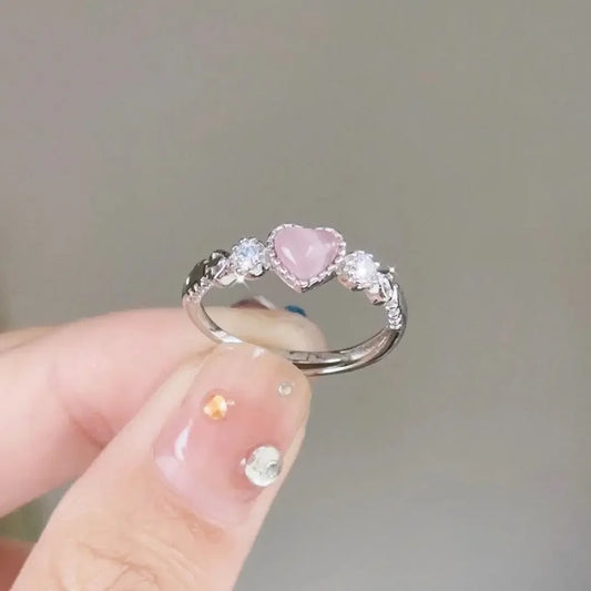 Luckacco Vintage Silver Color Ring Pink Heart Opal Creative Finger Ring Aesthetic Cute Punk Rings for Women Charm Jewelry Accessories