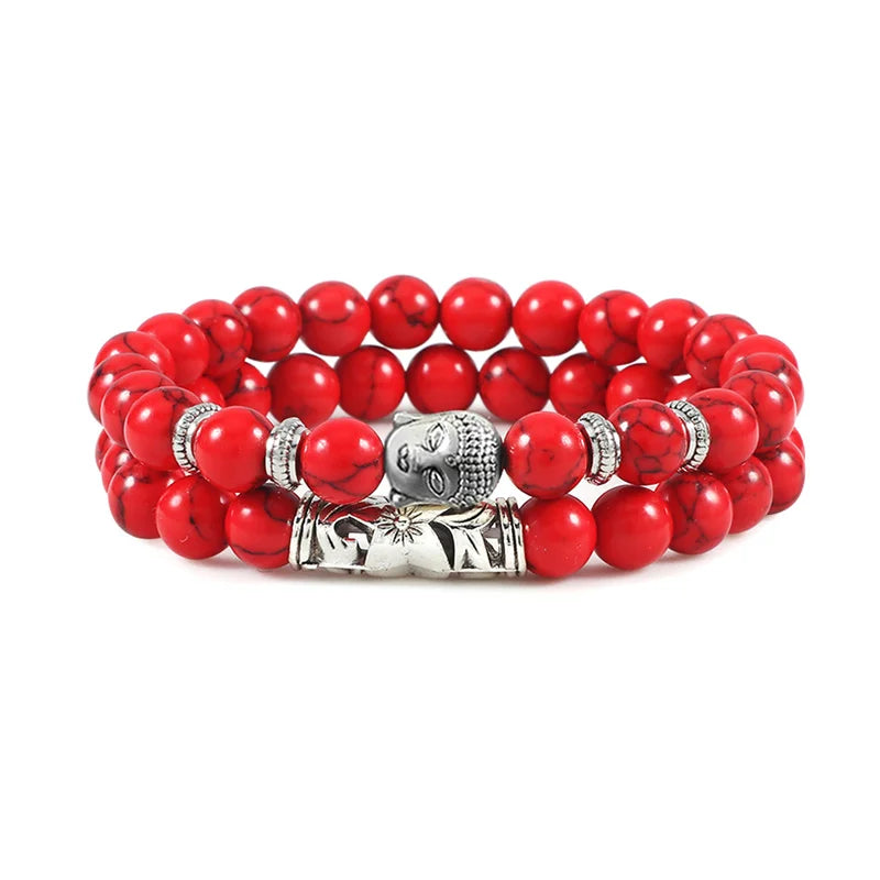 luckacco 2pcs/set buddha head bracelet for women men natural tiger eye lava stone yoga beads distance bracelets charm couple jewelry gift