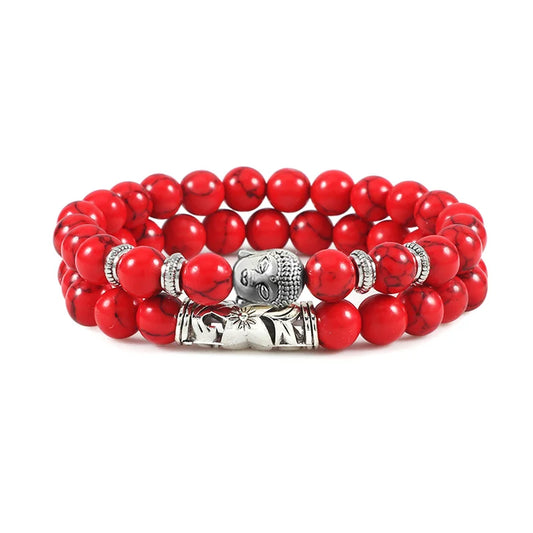 Luckacco 2pcs/set Buddha Head Bracelet for Women Men Natural Tiger Eye Lava Stone Yoga Beads Distance Bracelets Charm Couple Jewelry Gift
