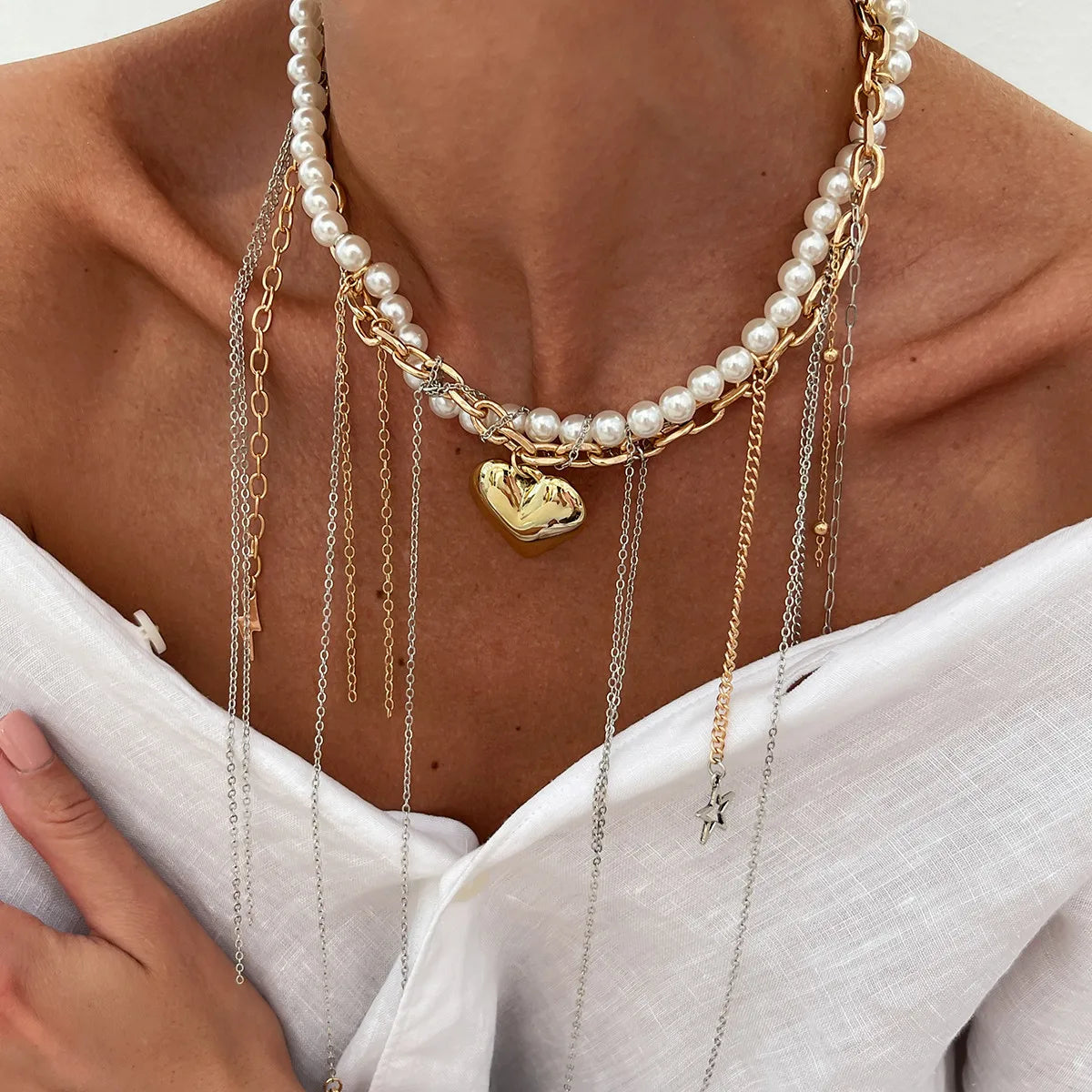 luckacco multi-layered pearl necklace for women party y2k trendy clavicle chain fashion heart pendant jewelry accessories gifts