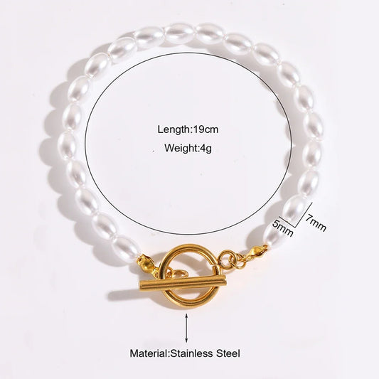 Luckacco Imitation Pearl OT Clasp Bracelet for Women Gold Color Bread Bangle Silver Color Chain New in Designer Fashion Jewelry