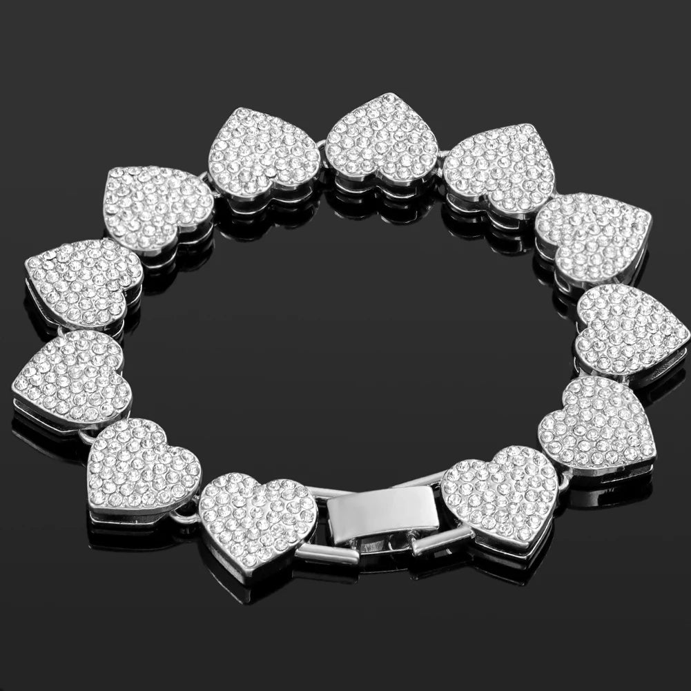 luckacco iced out pink cuban bracelet for women hip hop gold silver color crystal heart circle square bracelet 4pcs set jewelry gift