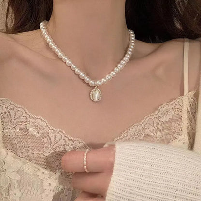 Luckacco Y2k Bowknot Pearl Necklace For Women Elegant Korean Style Rhinestone Heart Pendant Necklace Fashion Wedding Party Jewelry Gift