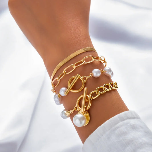 Luckacco 4pcs Set Imitation Pearl Chain Beaded Bracelet for Women New Temperament Gold Color Stainless Steel Bangle Jewelry Accessories