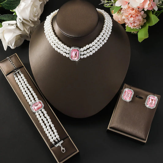 Luckacco 4PC Women's Fashion Light Luxury Short Style Imitation Pearl Turquoise Necklace Earrings Bracelet Jewelry Set Party Festival Gif