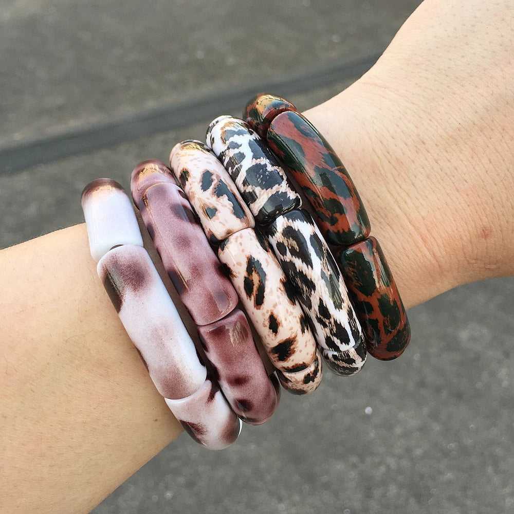 luckacco fishsheep vintage leopard print acrylic stackable bracelets bangles for women resin stretchy bracelet 2023 fashion jewelry gift