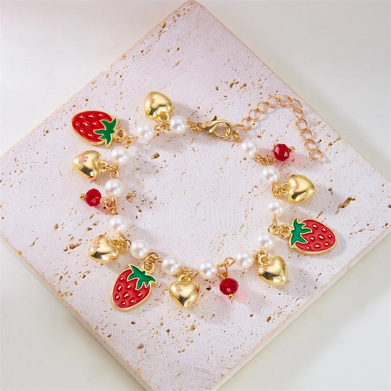 luckacco sweet cute red strawberry cherry heart pearl charm bracelet new fashion y2k fruit gold color chain jewelry party gifts 2025