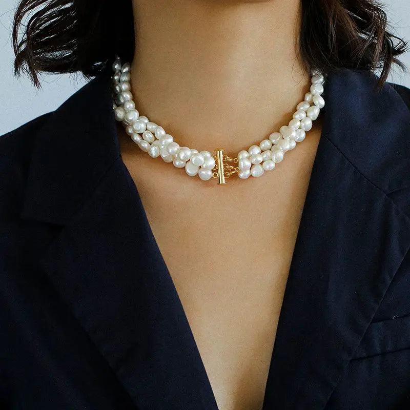 luckacco brass natural baroque pearl layered chain choker necklace women jewelry punk designer runway rare gown boho japan korean