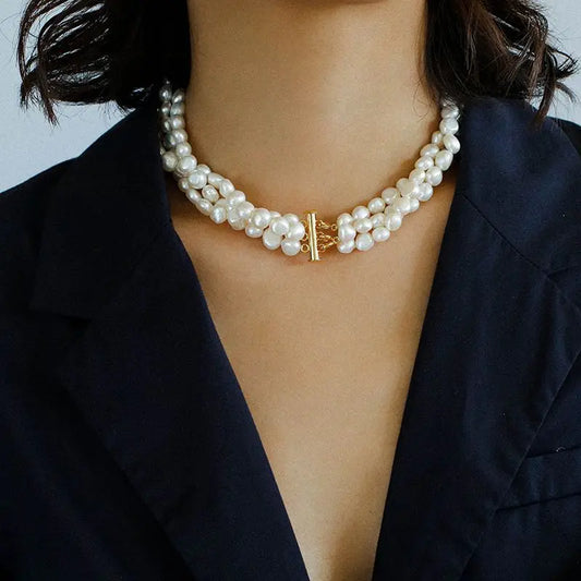 Luckacco Brass Natural Baroque Pearl Layered Chain Choker Necklace Women Jewelry Punk Designer Runway Rare Gown Boho Japan Korean