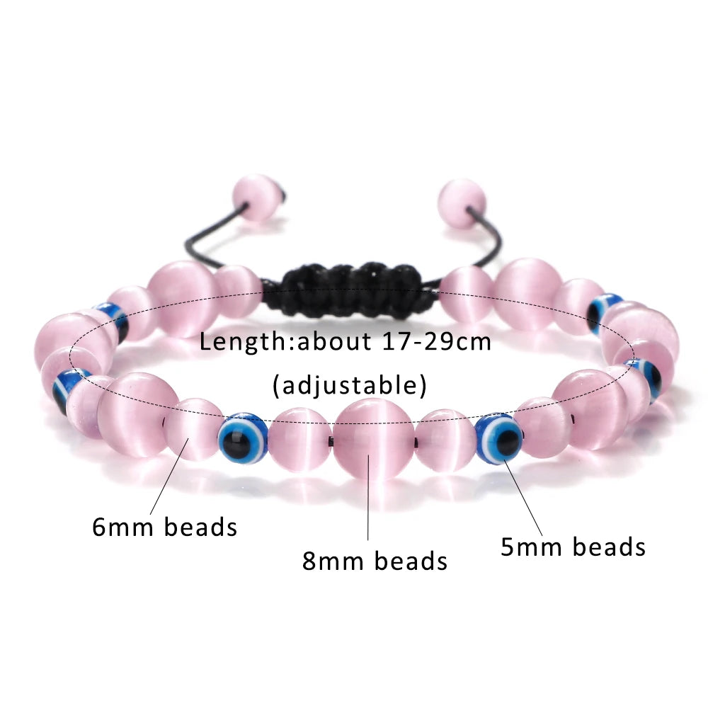 luckacco pink cat eye stone bracelet for women men natural opal quartz chakra devil's eye beads butterfly charm bangle wrist jewelry gift