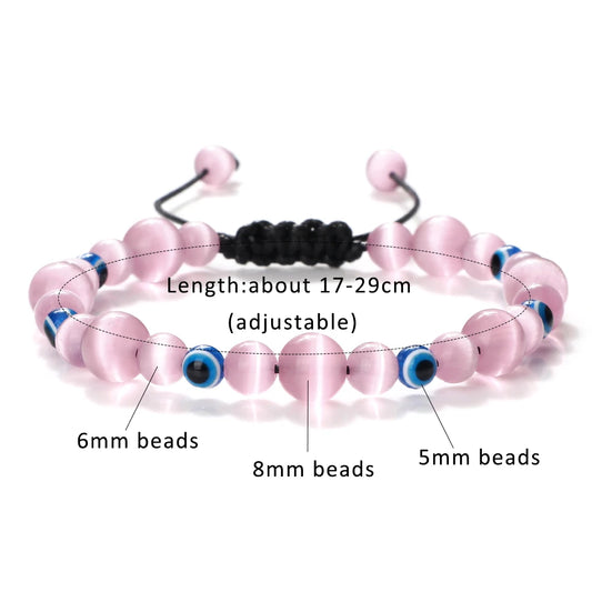 Luckacco Pink Cat Eye Stone Bracelet for Women Men Natural Opal Quartz Chakra Devil's Eye Beads Butterfly Charm Bangle Wrist Jewelry Gift