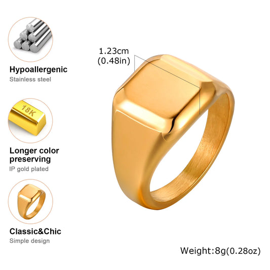 Luckacco Square Signet Ring for Men Women,Gold Color Stainless Steel Ring Plain Band Ring,Statement Chunky Ring Band Thumb Ring