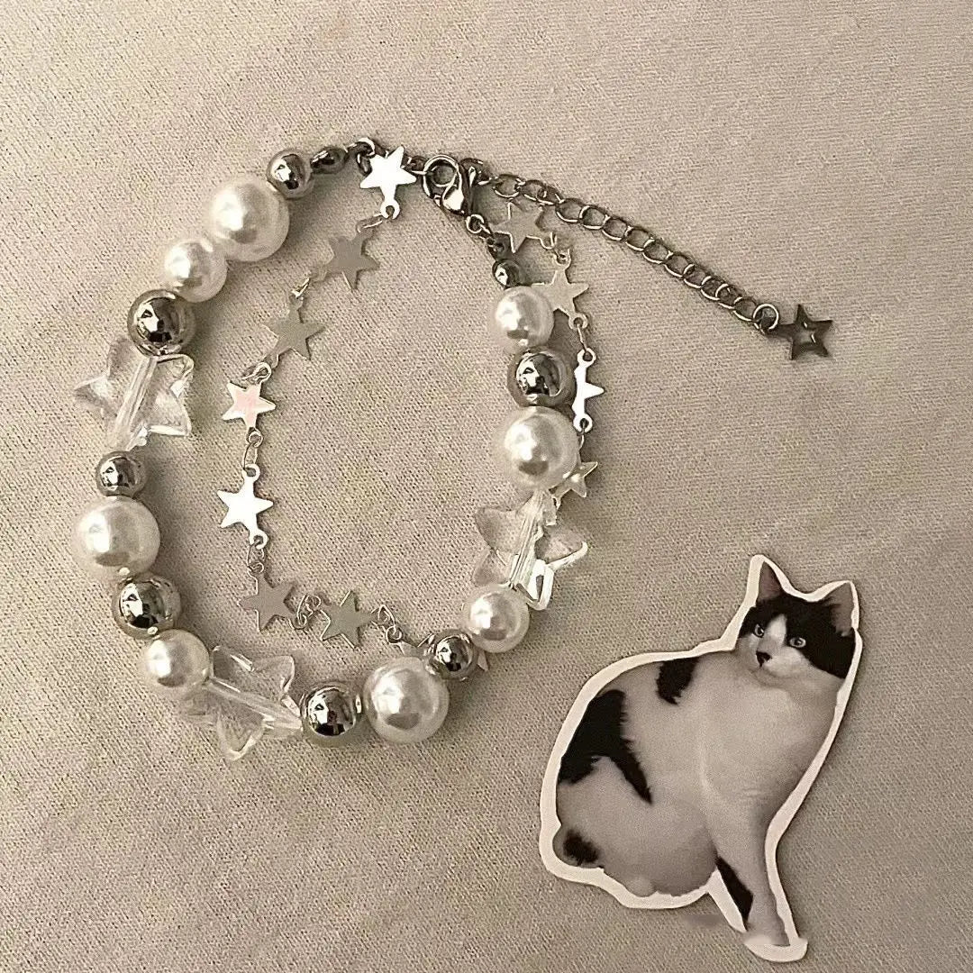 luckacco harajuku pentagram pearl beaded bracelets for women 2023 korean aesthetic cute star blue glass ball bracelets y2k jewelry gifts