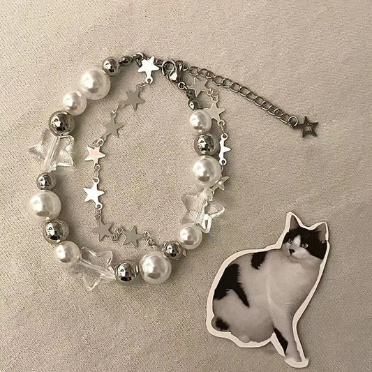 Luckacco Harajuku Pentagram Pearl Beaded Bracelets for Women 2023 Korean Aesthetic Cute Star Blue Glass Ball Bracelets Y2k Jewelry Gifts