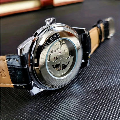 Luckacco New Stylish High-End Business Men's Watch, Fully Automatic Mechanical Watch, Skeleton Design, Round Dial, with Calendar Display, Leather Strap, Fashionable Accessory, Suitable for Business and Casual Wear, European, American, Japanese, and K