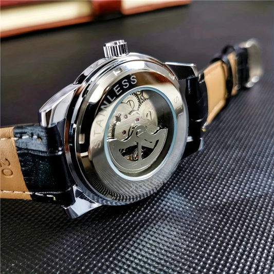 Luckacco New Stylish High-End Business Men's Watch, Fully Automatic Mechanical Watch, Skeleton Design, Round Dial, with Calendar Display, Leather Strap, Fashionable Accessory, Suitable for Business and Casual Wear, European, American, Japanese, and K