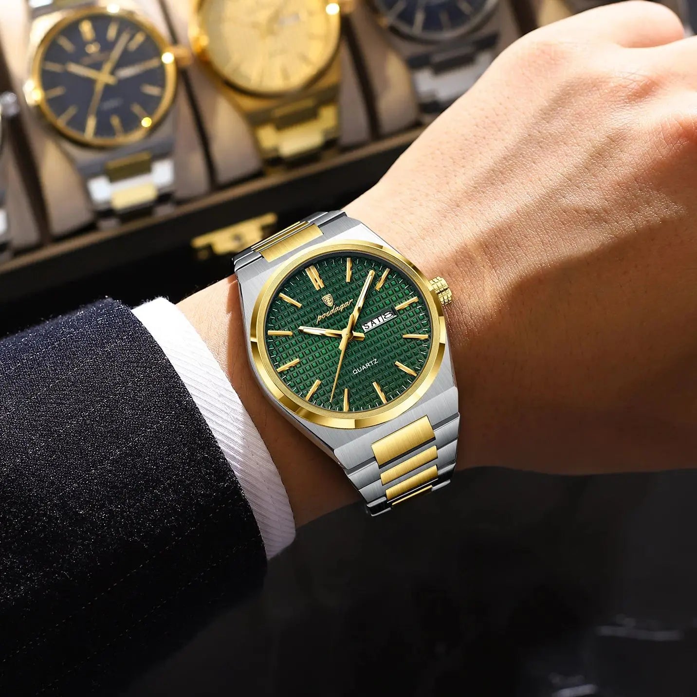 luckacco poedagar luxury men watch date week waterproof luminous stainless steel watch for man casual quartz men's watches male sport+box