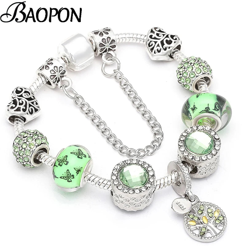 luckacco baopon new fashion life of tree crystal charm bracelet fit green color snake chain brand bracelets & bangles for women jewelry