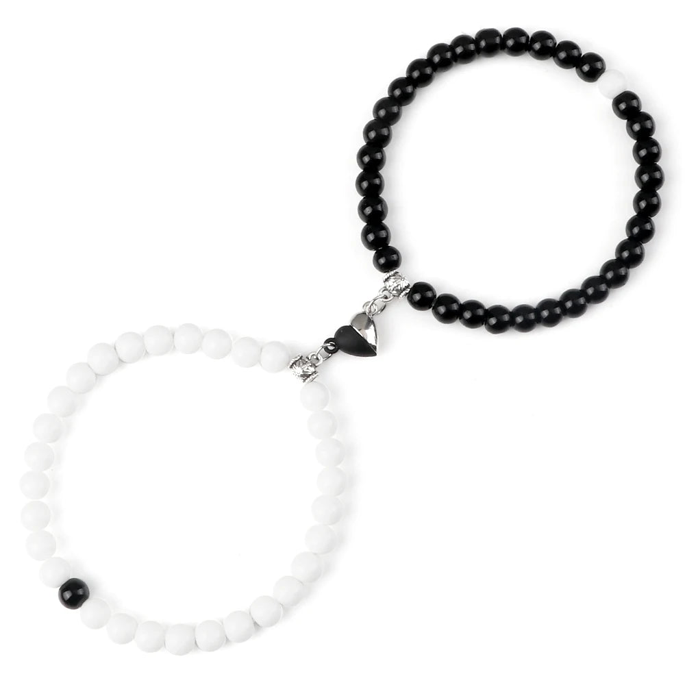 luckacco 2pcs/set sliver black color magnet pendant bracelets 6mm 8mm white porcelain black line beads couple bracelet jewelry gift new