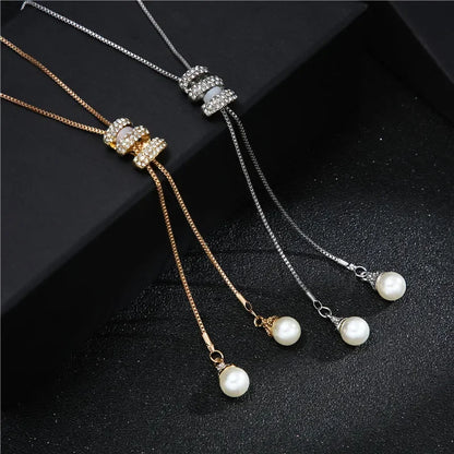 Luckacco 2024 NEW High Quality Fashion Metal Long Tassel Rhinestone Crystal Pearl Long Chain Necklace Sweater Patry Necklace Jewelry