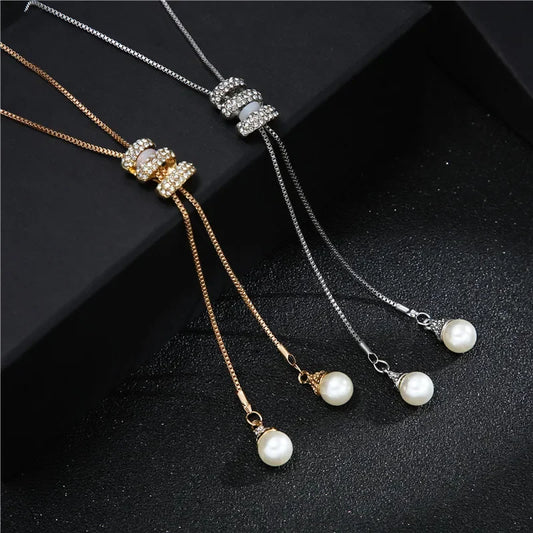 Luckacco 2024 NEW High Quality Fashion Metal Long Tassel Rhinestone Crystal Pearl Long Chain Necklace Sweater Patry Necklace Jewelry