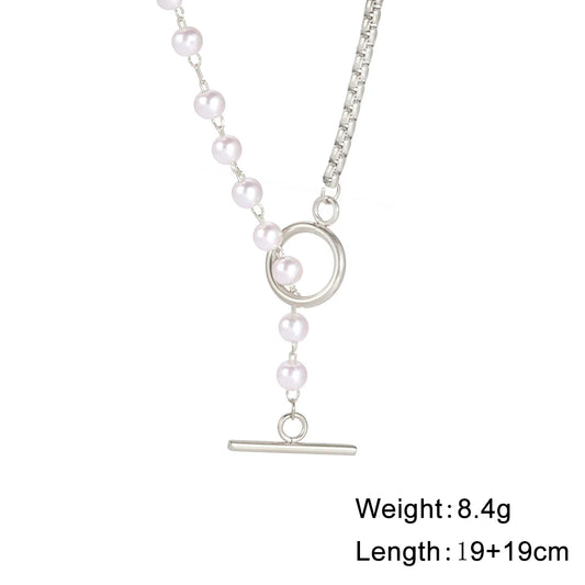 Luckacco Unift Paperclip OT Buckle Pearl Necklace Choker Half Pearl Half Chain Gold Plated Necklace Fashion Boho Wedding Jewelry Women