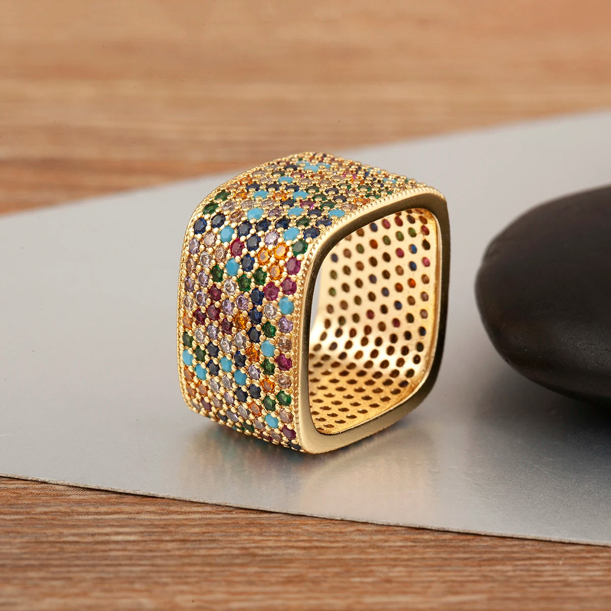 luckacco nidin new trendy square shape inlaid crystal zircon rings for women men 5 colors choice hip hop style finger jewelry chic gifts