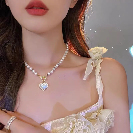 Luckacco 2023 New Fashion Trend Unique Design Delicate Vintage Zircon Flower Pearl Necklace Women Jewelry Wedding Party Premium Gift