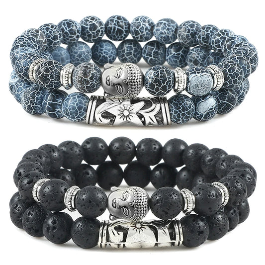 Luckacco 2pcs/set Buddha Head Bracelet for Women Men Natural Tiger Eye Lava Stone Yoga Beads Distance Bracelets Charm Couple Jewelry Gift