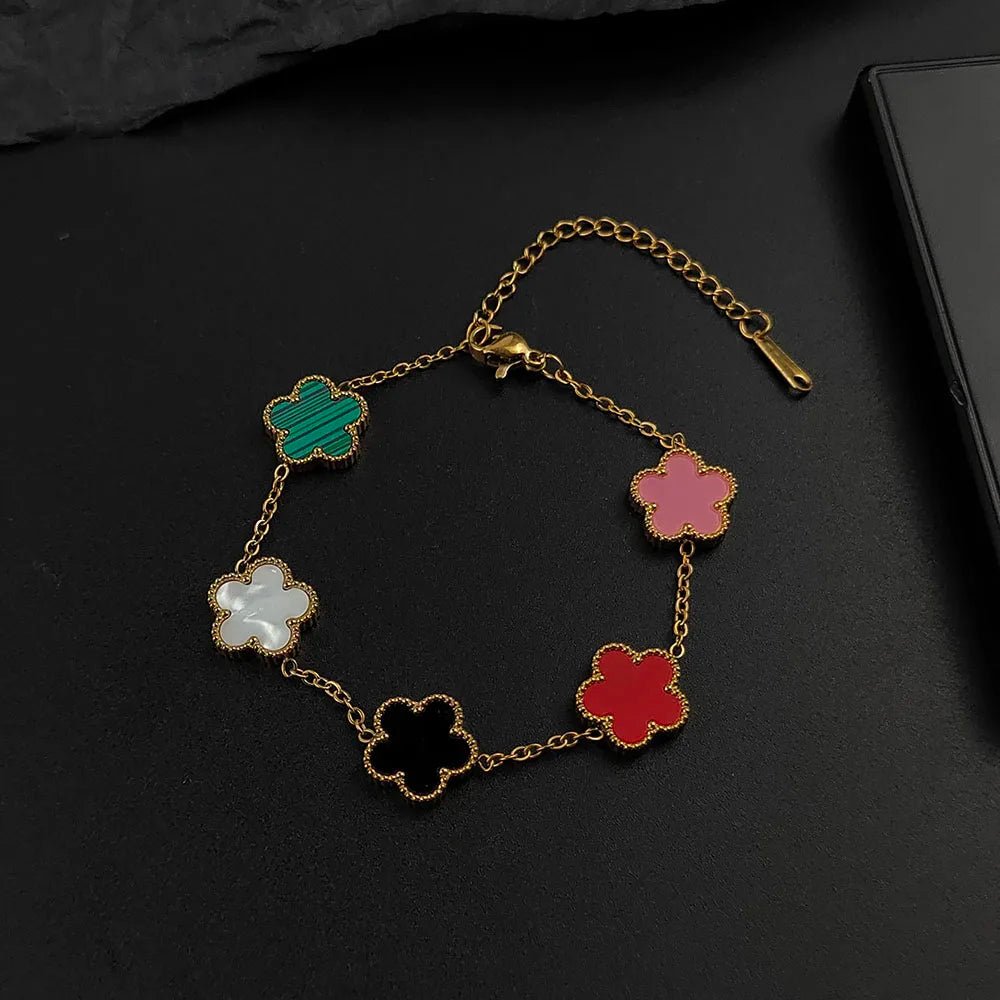 luckacco mussel five-leaf plum blossom stainless steel women's exquisite chain bracelet, 18k gold plated, light luxury, lucky jewelry