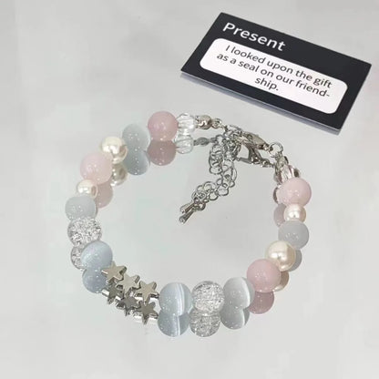Luckacco Harajuku Pentagram Pearl Beaded Bracelets for Women 2023 Korean Aesthetic Cute Star Blue Glass Ball Bracelets Y2k Jewelry Gifts