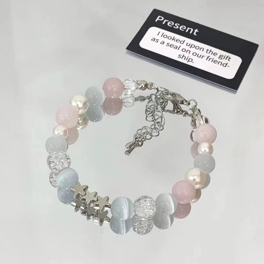 Luckacco Harajuku Pentagram Pearl Beaded Bracelets for Women 2023 Korean Aesthetic Cute Star Blue Glass Ball Bracelets Y2k Jewelry Gifts