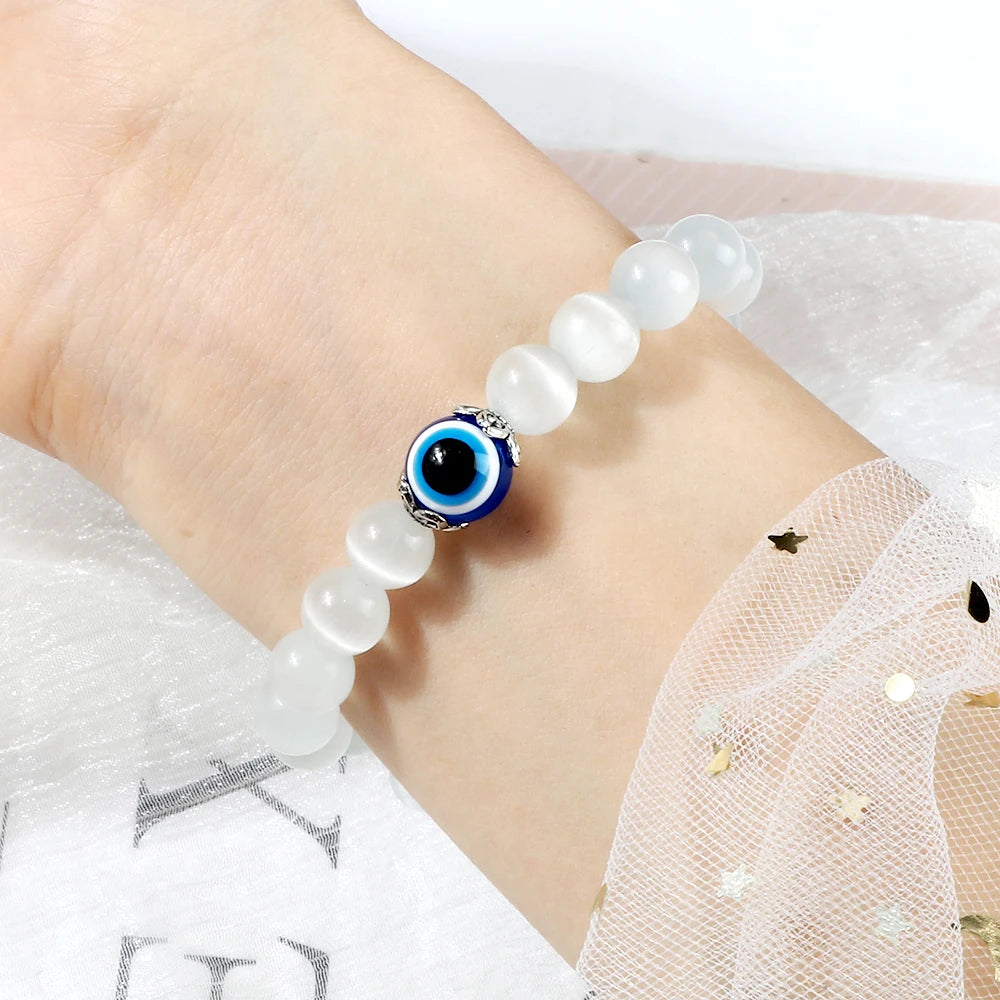 luckacco natural cat eye stone bracelet & bangle for women brief white pink opal beads yoga balance jewelry lucky wristband handmade gift
