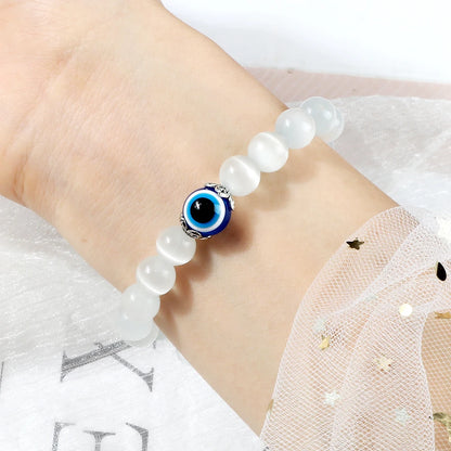 Luckacco Natural Cat Eye Stone Bracelet & Bangle for Women Brief White Pink Opal Beads Yoga Balance Jewelry Lucky Wristband Handmade Gift