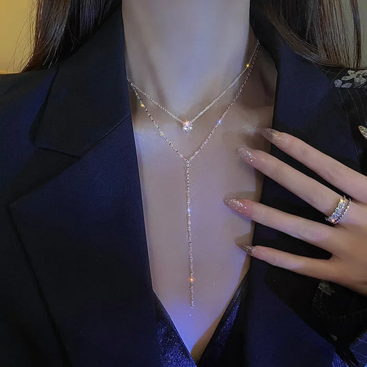 Luckacco New 925 Sterling Silver Trendy Double Layer Choker Long Necklace Full Zircon Round Pendants Women Gift Wedding Jewelry