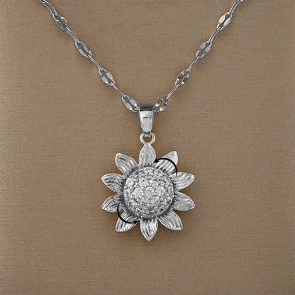 Luckacco Rotating Flower Pendant Stainless Steel Chains Necklaces For Women Antique Silver Color Ins White Zircon Sun Clavicle Necklace