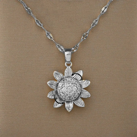 Luckacco Rotating Flower Pendant Stainless Steel Chains Necklaces For Women Antique Silver Color Ins White Zircon Sun Clavicle Necklace